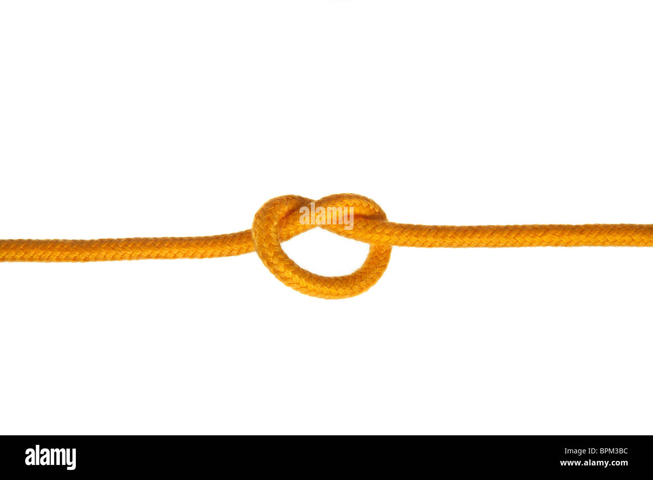 Une corde jaune avec un noeud sur un fond blanc Banque D'Images