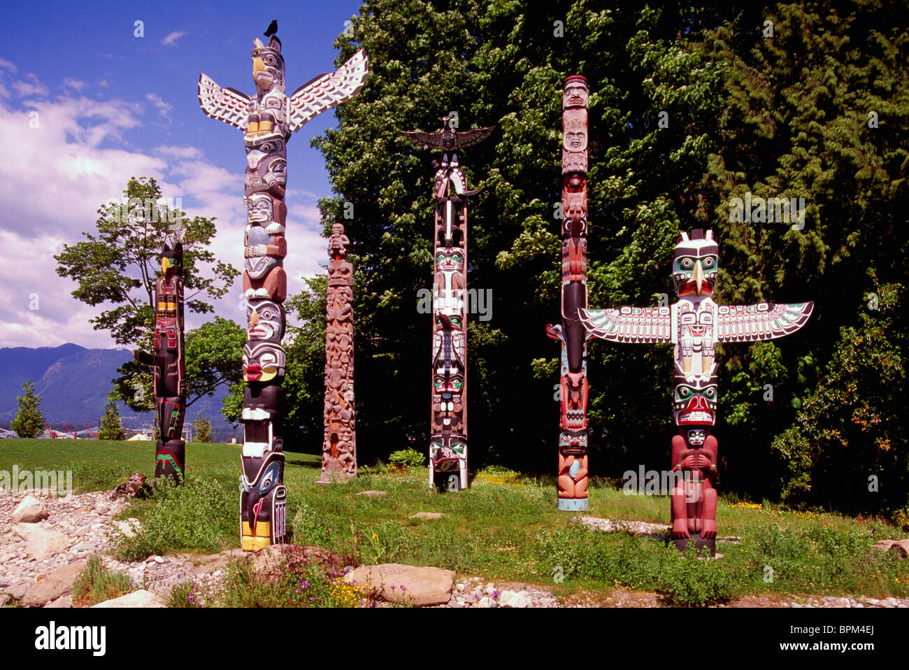 Les Totems du parc Stanley, Vancouver, BC - Colombie-Britannique, Canada - Point d'été, Totems Brockton Banque D'Images