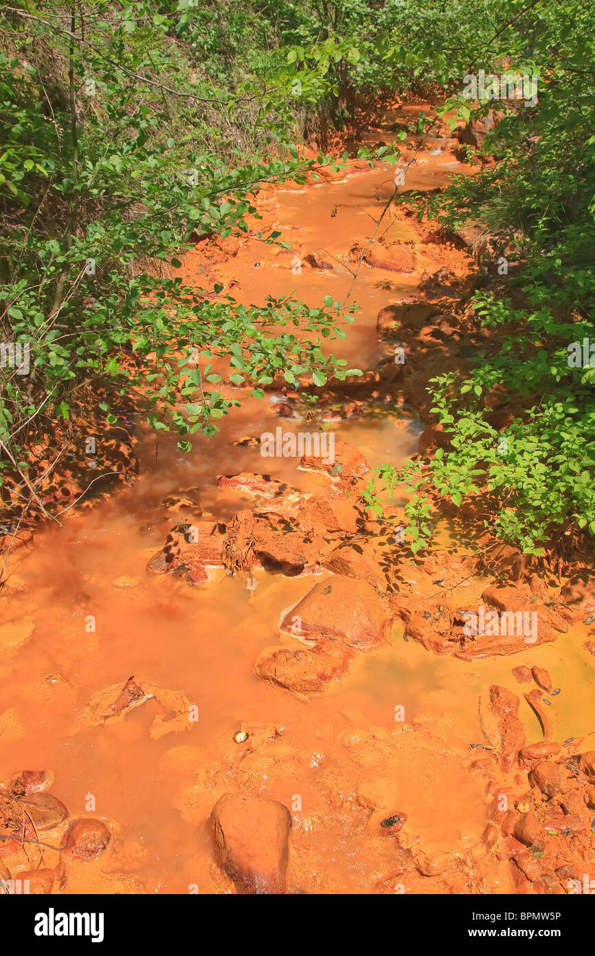 Rivière polluée par l'exploitation minière dans les Montagnes Apuseni, la Roumanie. Banque D'Images