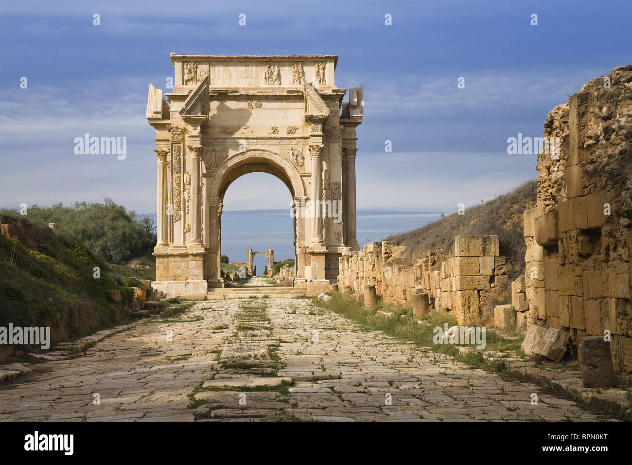 Arc de l'empereur romain Septime Sévère, Site archéologique de Leptis Magna, Libye, Afrique Banque D'Images