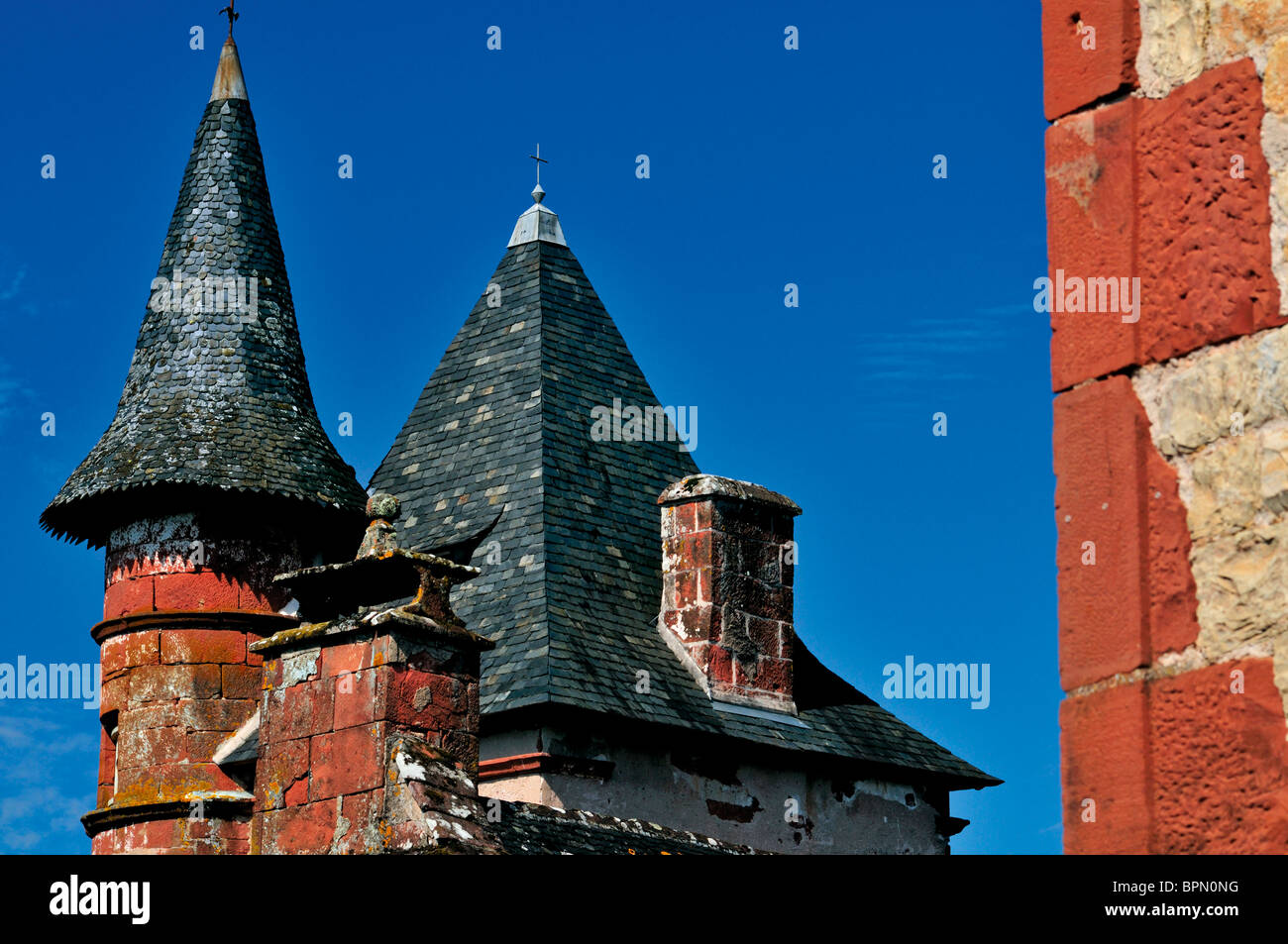 France : haut d'une tour maison à Collonges-la-Rouge Banque D'Images