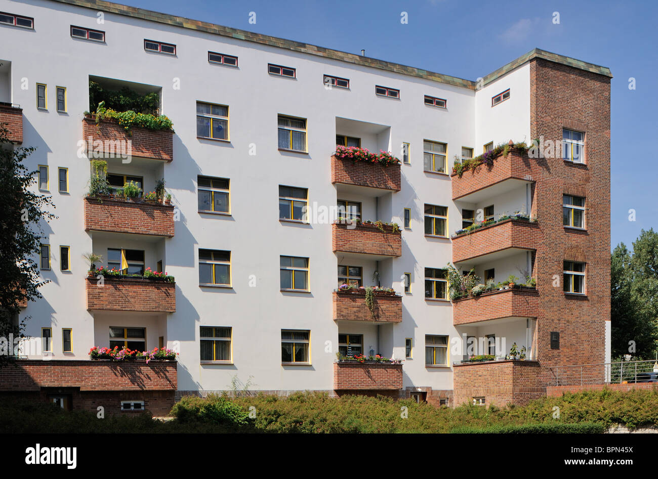 Schoenlanker Strasse Berlin Modernism Housing Estate, Ernst-Fuerstenberg-Strasse, Prenzlauer Berg, Mitte, Berlin, Allemagne. Banque D'Images