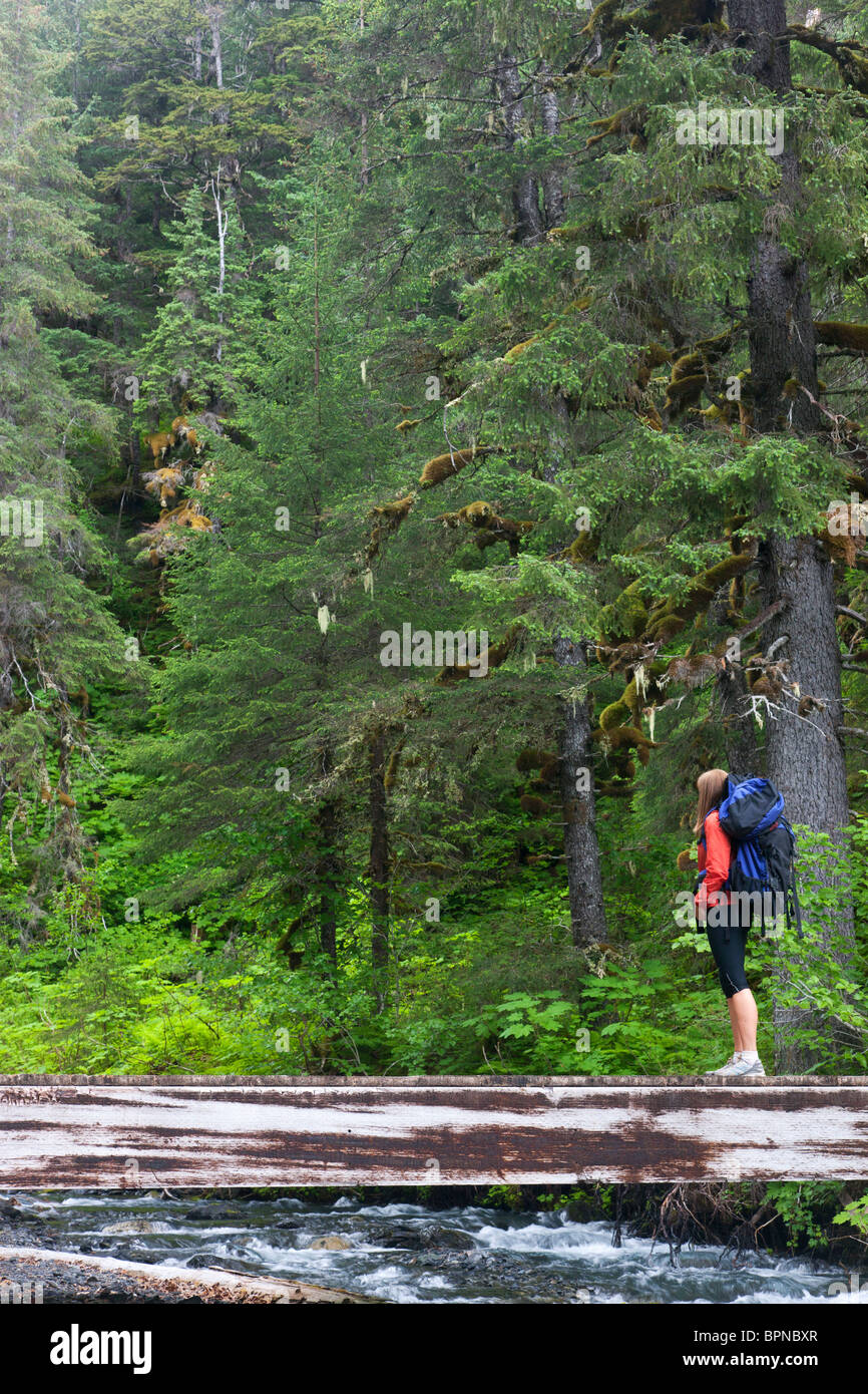 Randonnée sur le sentier de la résurrection, de l'Alaska, la Forêt Nationale de Chugach. Banque D'Images