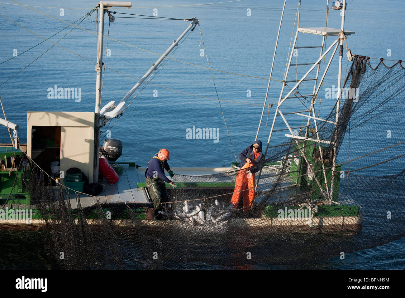 La pêche du saumon du Pacifique sauvage reefnet est un saumon du Pacifique Nord-Ouest Historique Méthode de pêche. Les hommes courriers en attente de poissons vivants. Banque D'Images