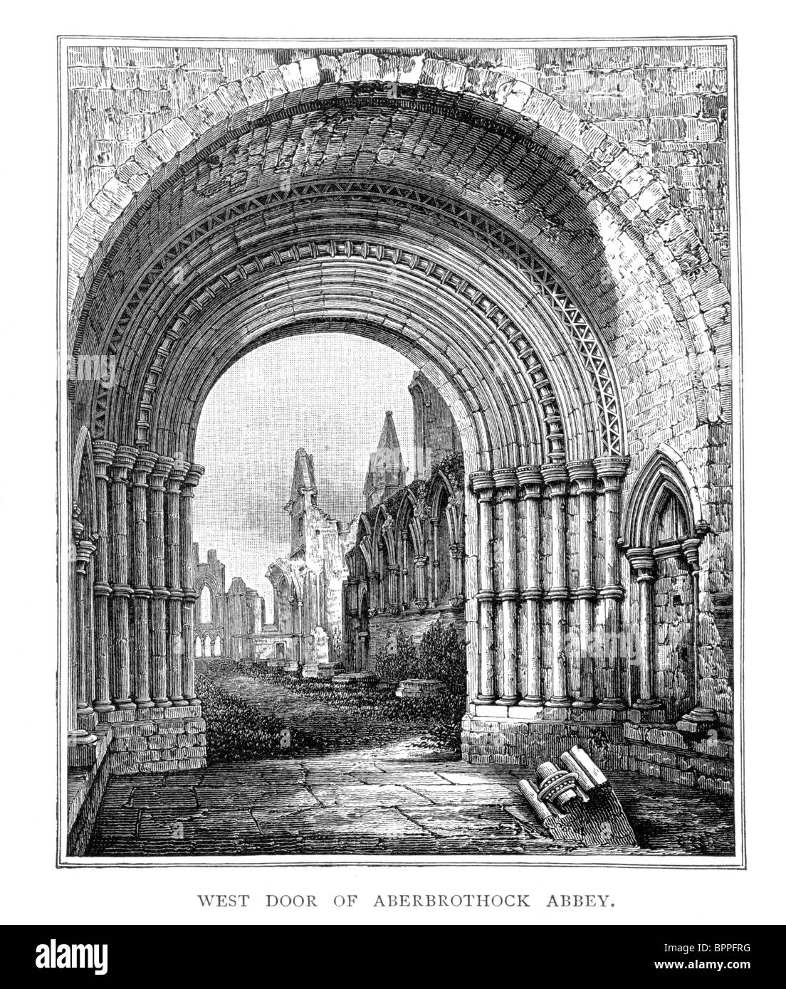 Illustration noir et blanc ; la porte de l'ouest de l'abbaye d'Arbroath ou Fontaine-de-Vaucluse Banque D'Images