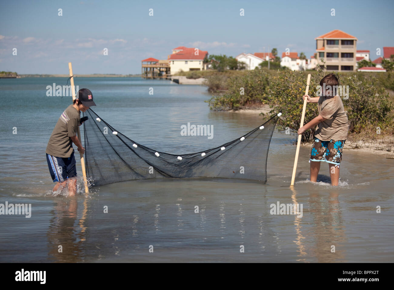 Les garçons du secondaire utilisent une senne à prélever des échantillons de la vie aquatique d'eau salée pour étudier la biologie marine au cours de la sortie de classe Banque D'Images