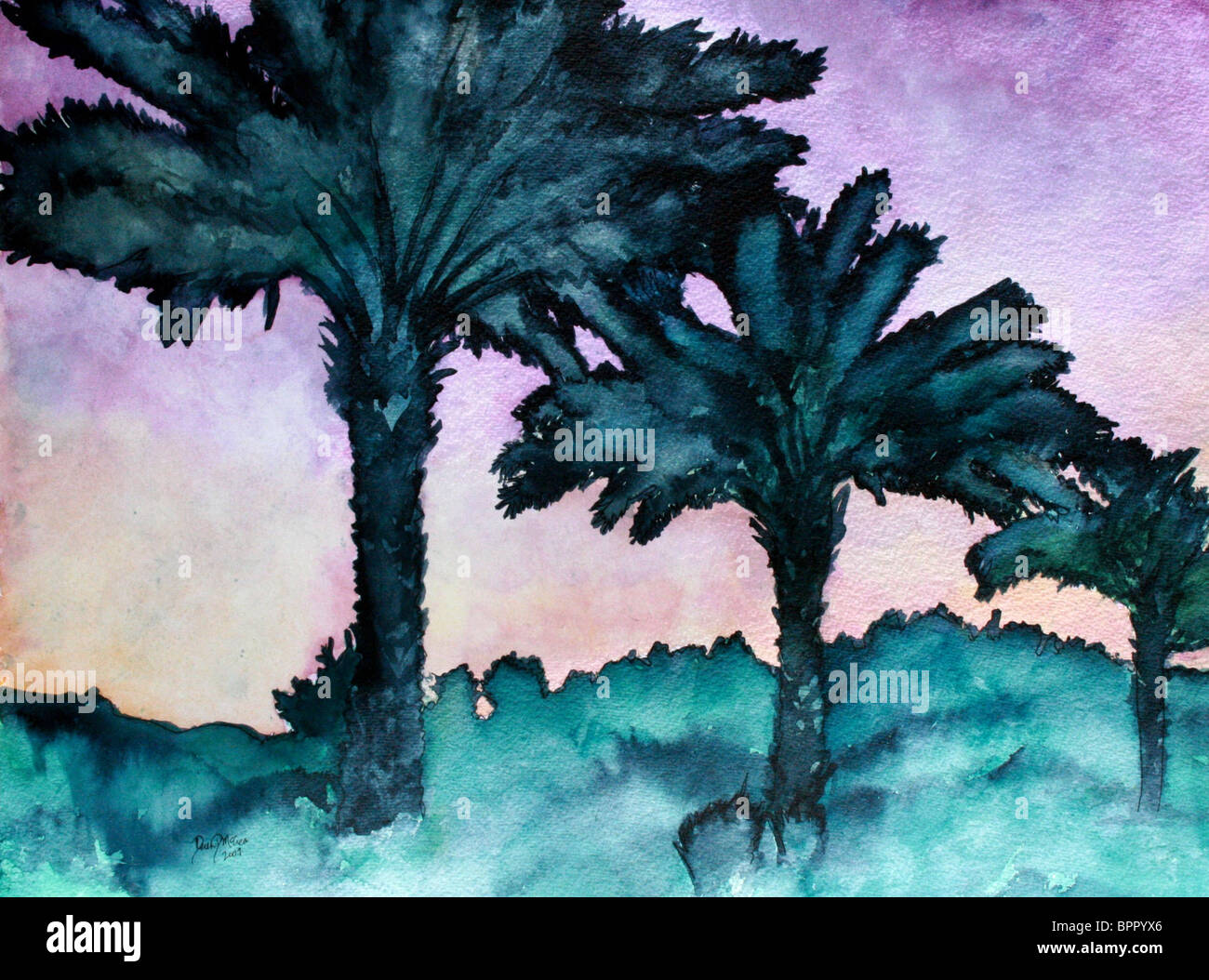 Palmiers tropicaux moderne abstrait peinture aquarelle dessin, plume et encre aqua bleu aigue-marine Banque D'Images
