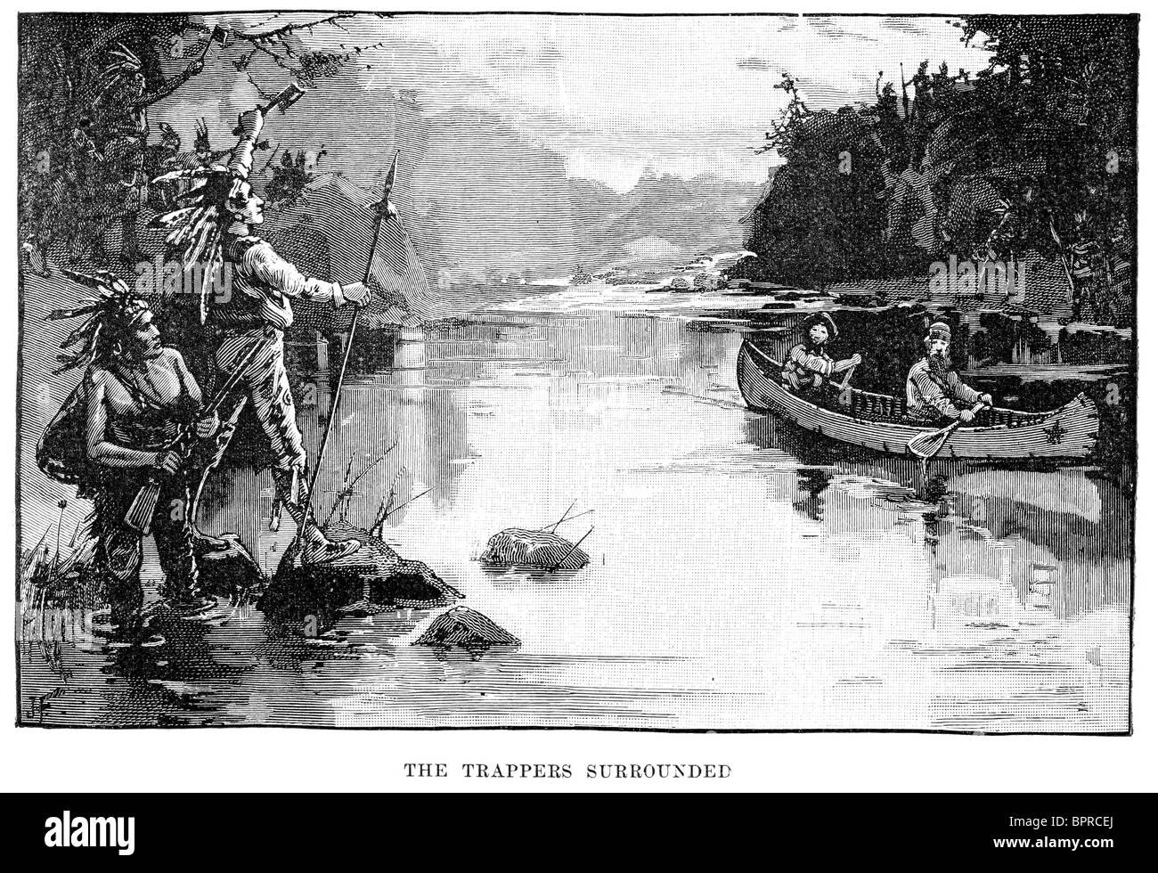 Les trappeurs sur la rivière Missouri, entouré par des Amérindiens de la tribu des Pieds-Noirs. Banque D'Images