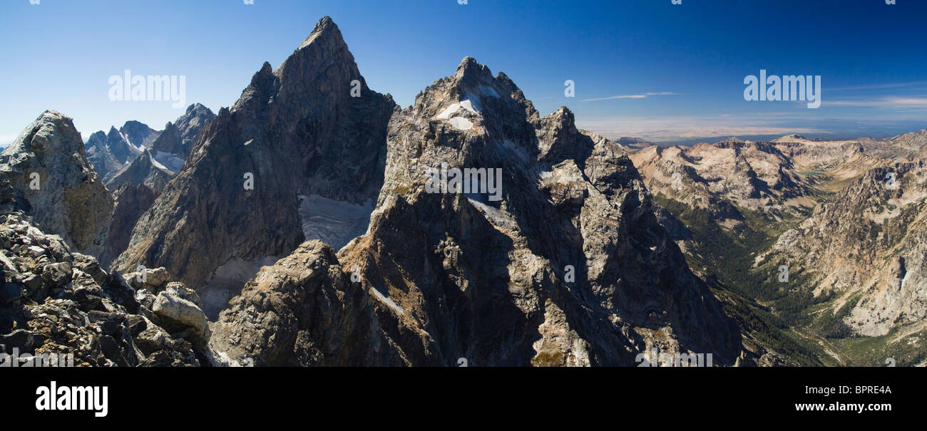 Vue sur le Grand Teton de Teewinot Mountain, parc national de Grand Teton, Wyoming. Banque D'Images
