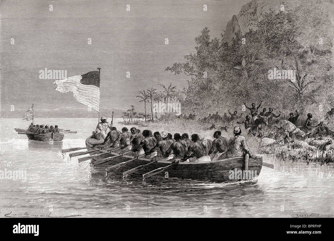 David Livingstone et Stanley dans des bateaux pendant la seconde expédition d'Afrique, 1872. Banque D'Images
