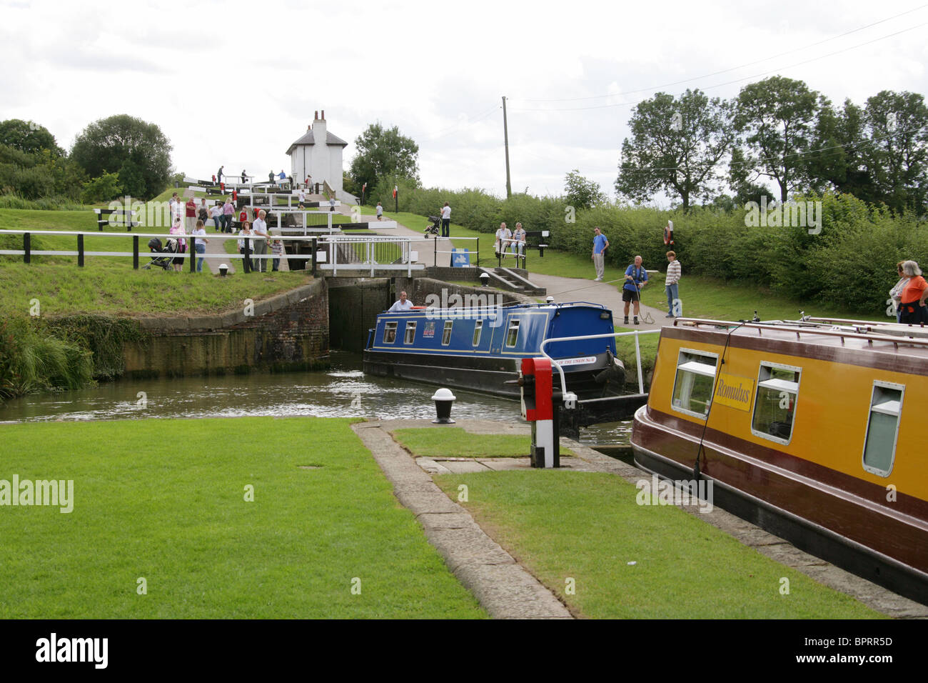 Foxton Locks, Leicestershire, UK. Point de passage, où les bateaux venant vers ceux allant jusqu'au Canal. Banque D'Images