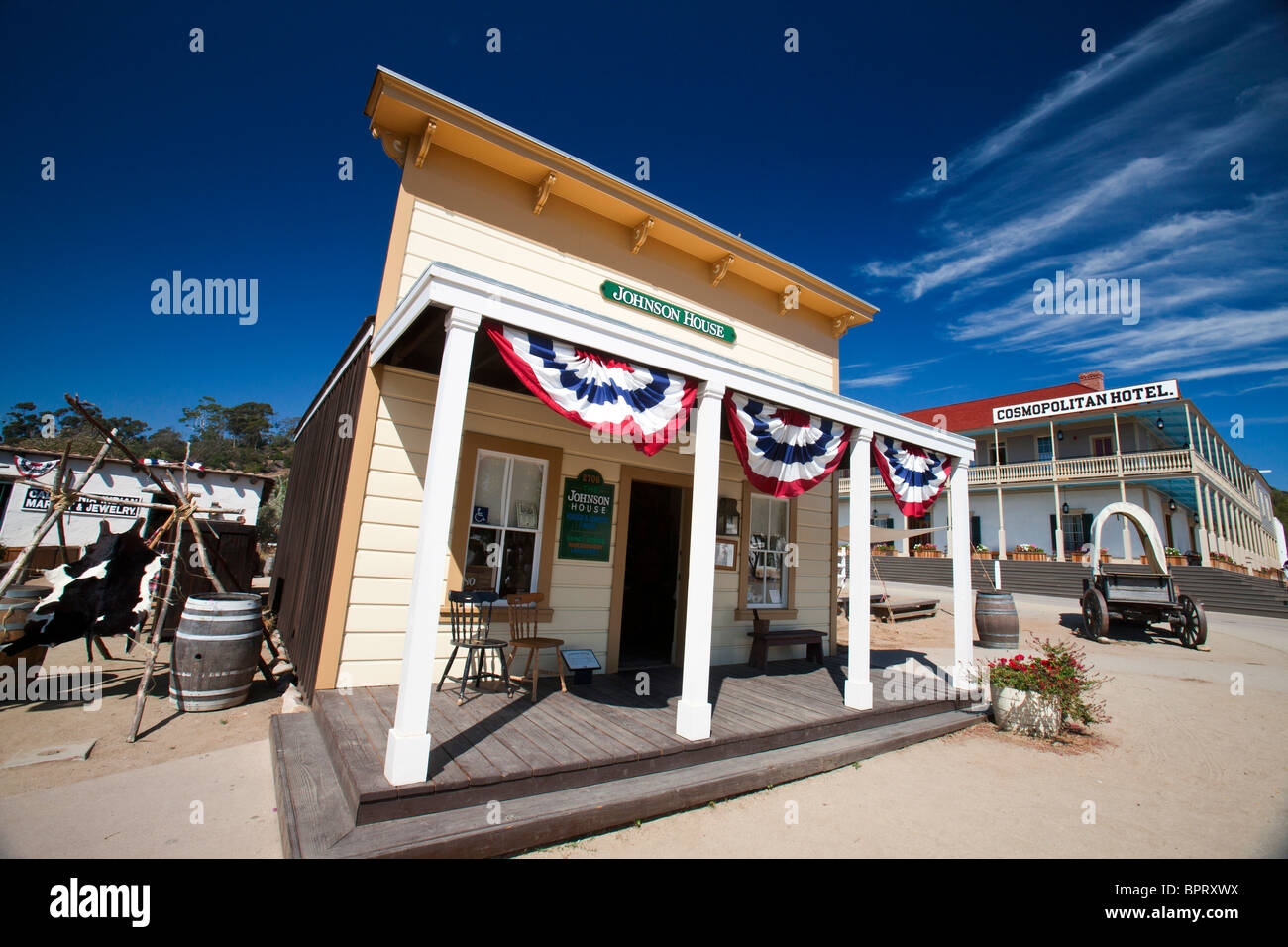 Johnson, en face d'un wagon couvert et l'hôtel cosmopolite, Old Town San Diego, Californie, États-Unis d'Amérique Banque D'Images