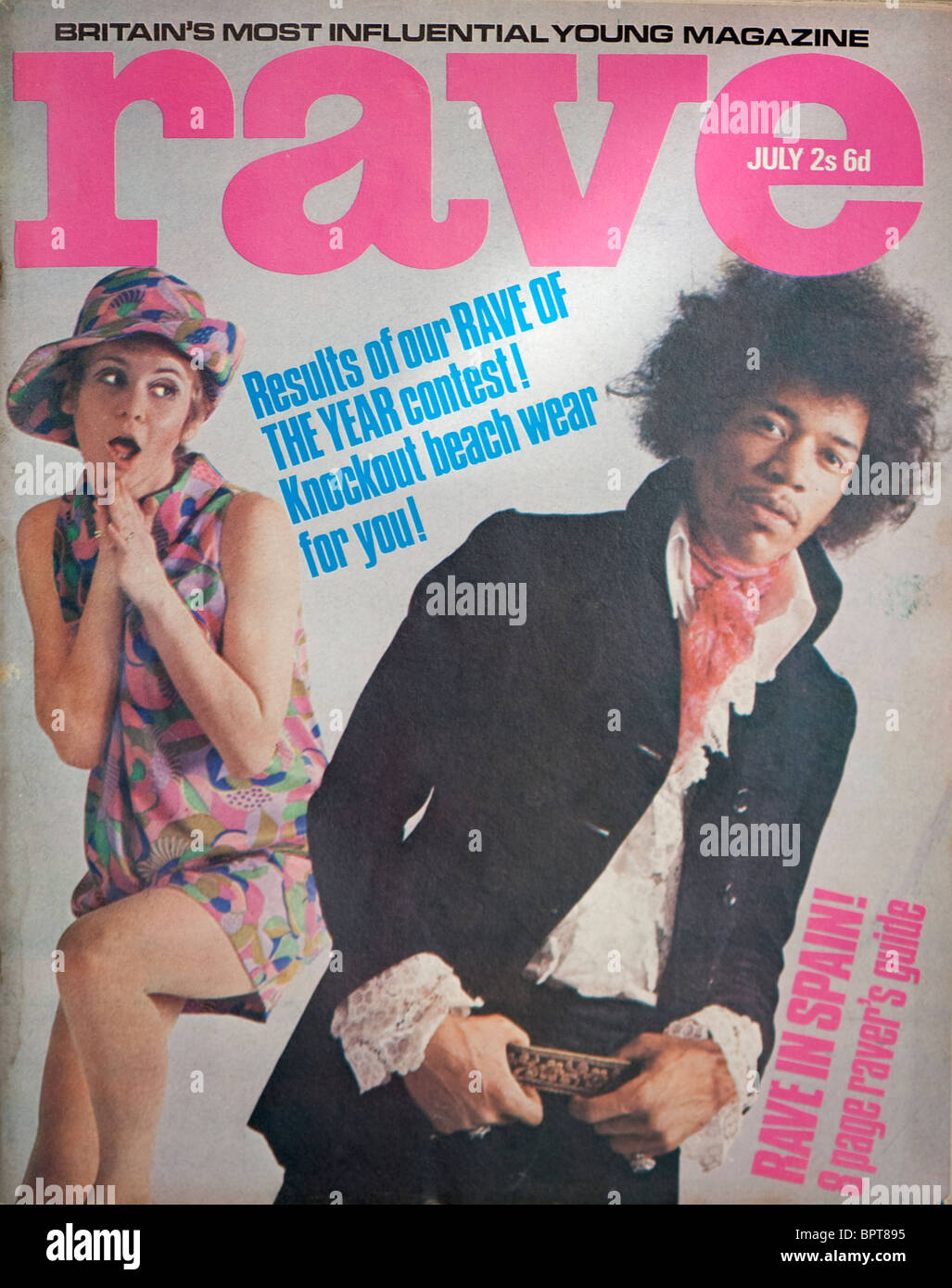 Couverture du magazine des années 60 avec Rave Jimmy Hendrix. Banque D'Images