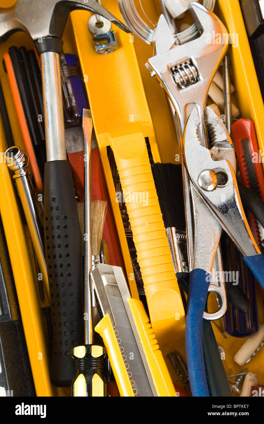 Boîte à outils jaune close up shot Banque D'Images