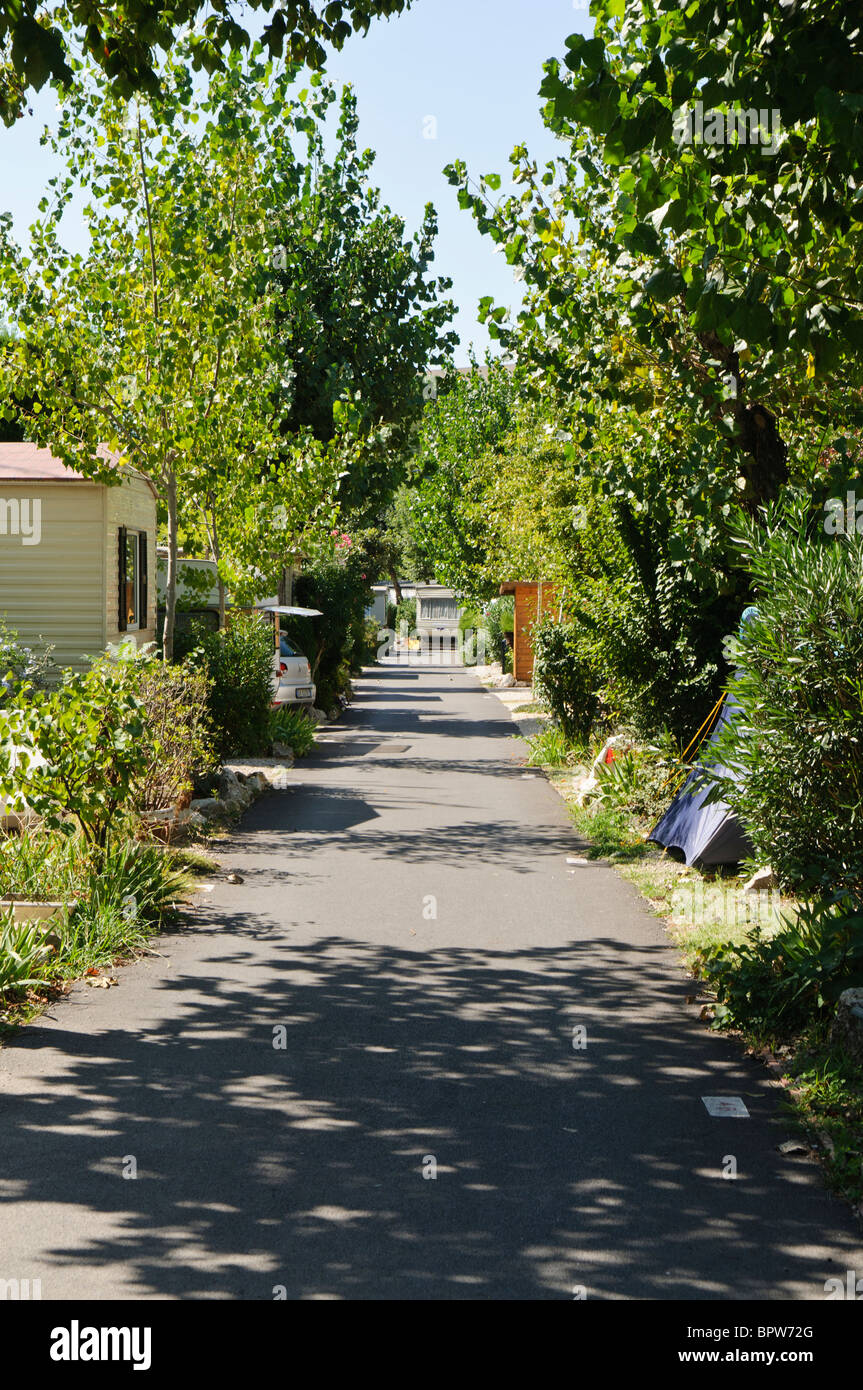 Chemin dans un caravan park, Antibes, France, bordée sur deux côtés avec beaucoup d'arbres et arbustes Banque D'Images