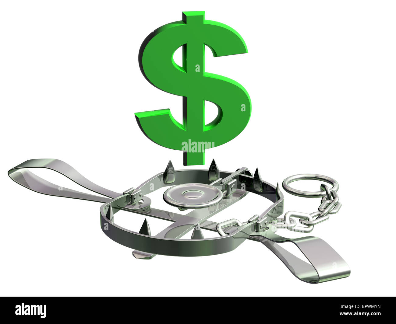 Symbole dollar vulnérables précairement près d'un piège à ours Banque D'Images