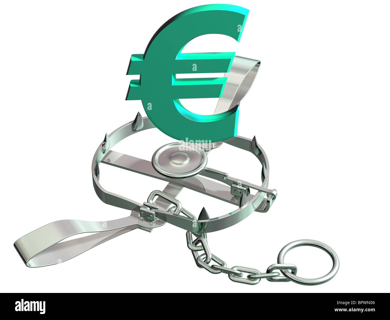 Symbole euro vulnérables précairement près d'un piège à ours Banque D'Images