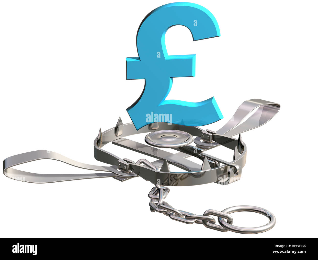 Livre sterling dangereusement vulnérables symbole près d'un piège à ours Banque D'Images