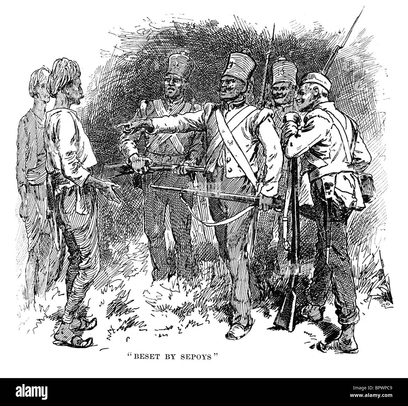 Thomas Henry Kavanagh VC déguisé en autochtone est confronté par les cipayes rebelles au cours de la rébellion indienne. Banque D'Images