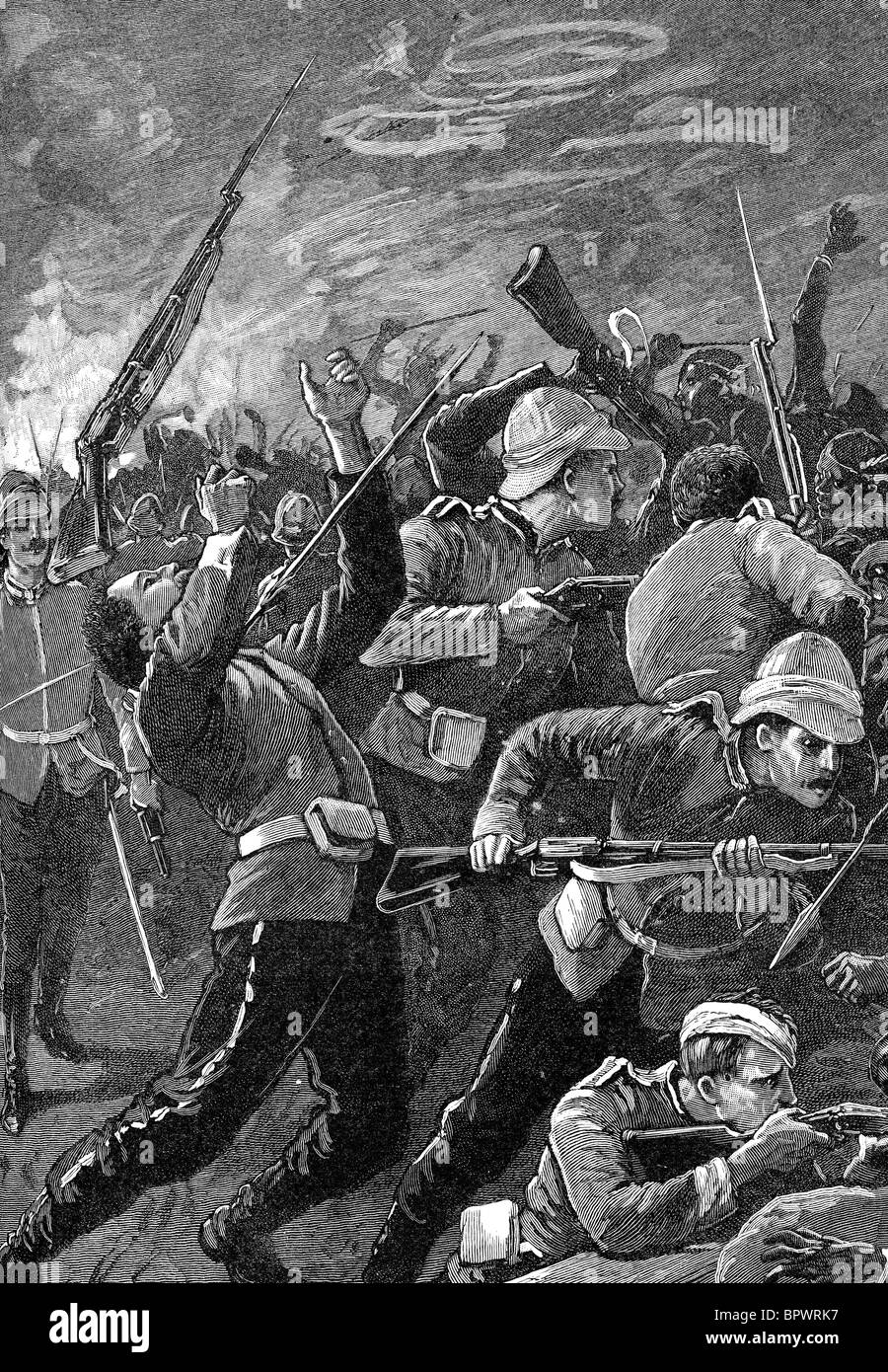 La bataille de Rorke's Drift soldats britanniques ont défendu avec succès leur garnison contre une agression intense par les guerriers zoulous. Banque D'Images