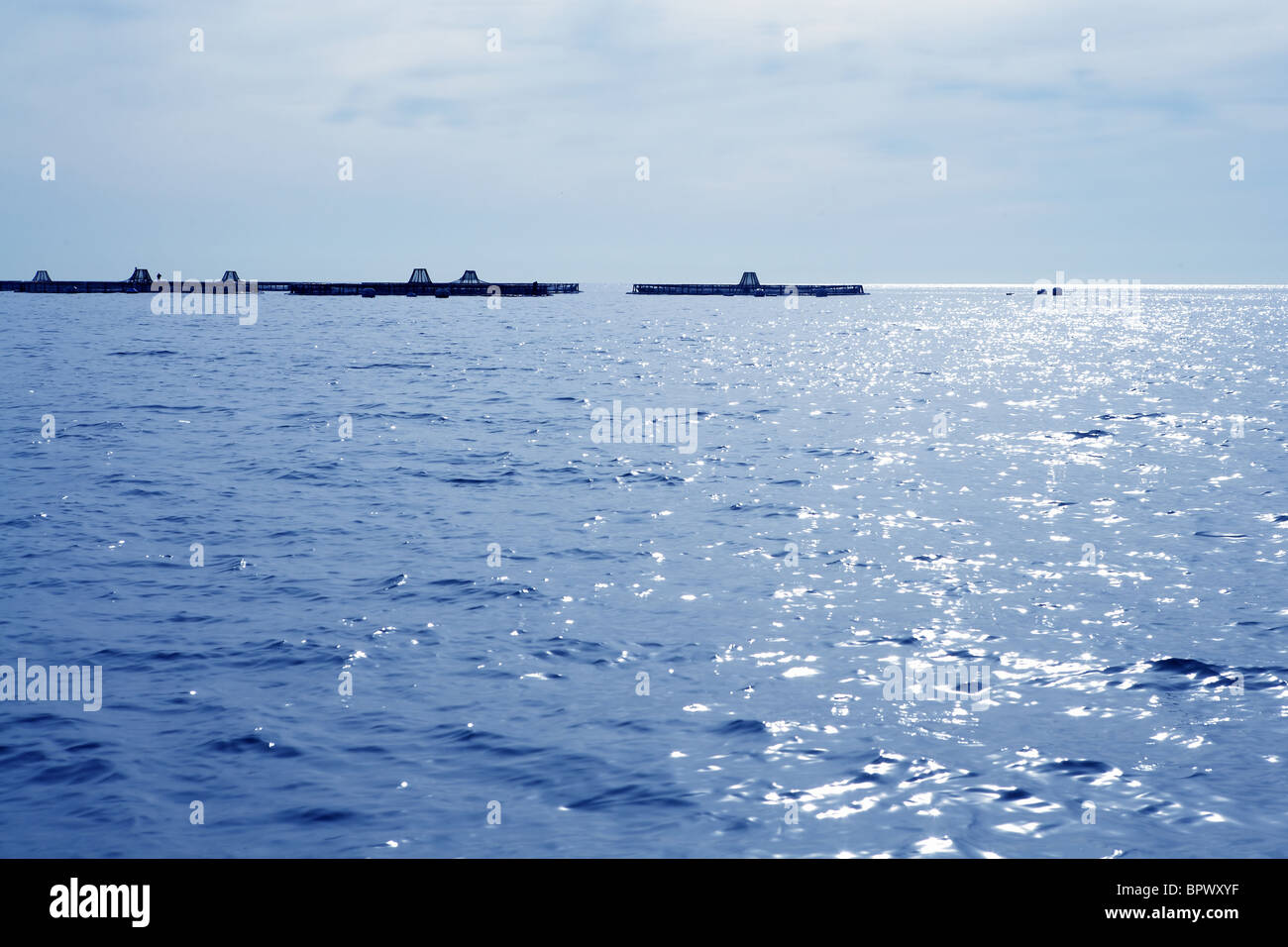 Vue de la ferme piscicole en bleu océan mer méditerranée Banque D'Images