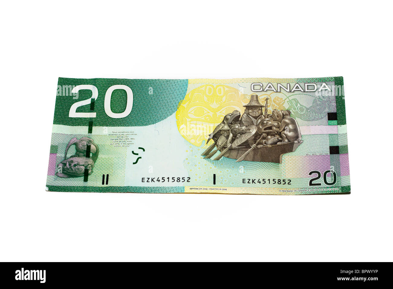 Vingt dollars canadiens sur un fond blanc Banque D'Images
