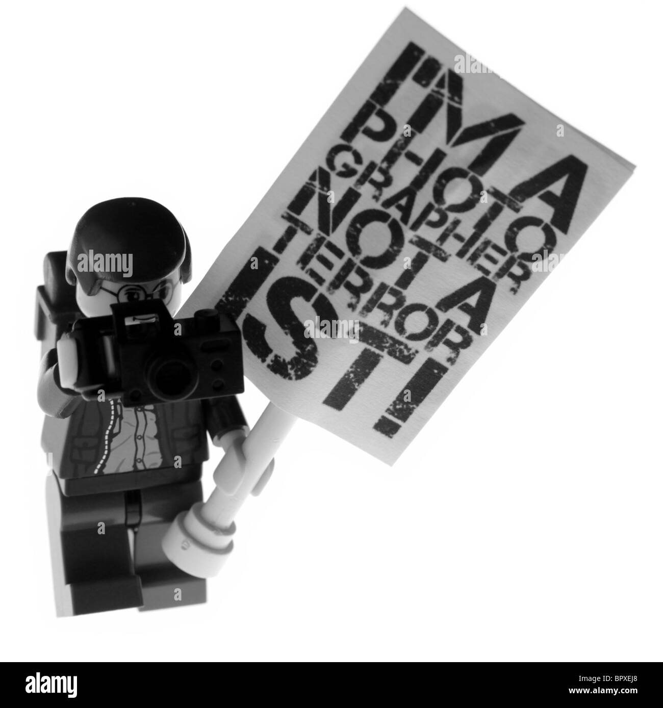 Un photographe Lego de prendre sa position dans la lutte pour les droits du photographe au Royaume-Uni. Banque D'Images Un photographe Lego de prendre sa position dans la lutte pour les droits du photographe au Royaume-Uni. Banque D'Images