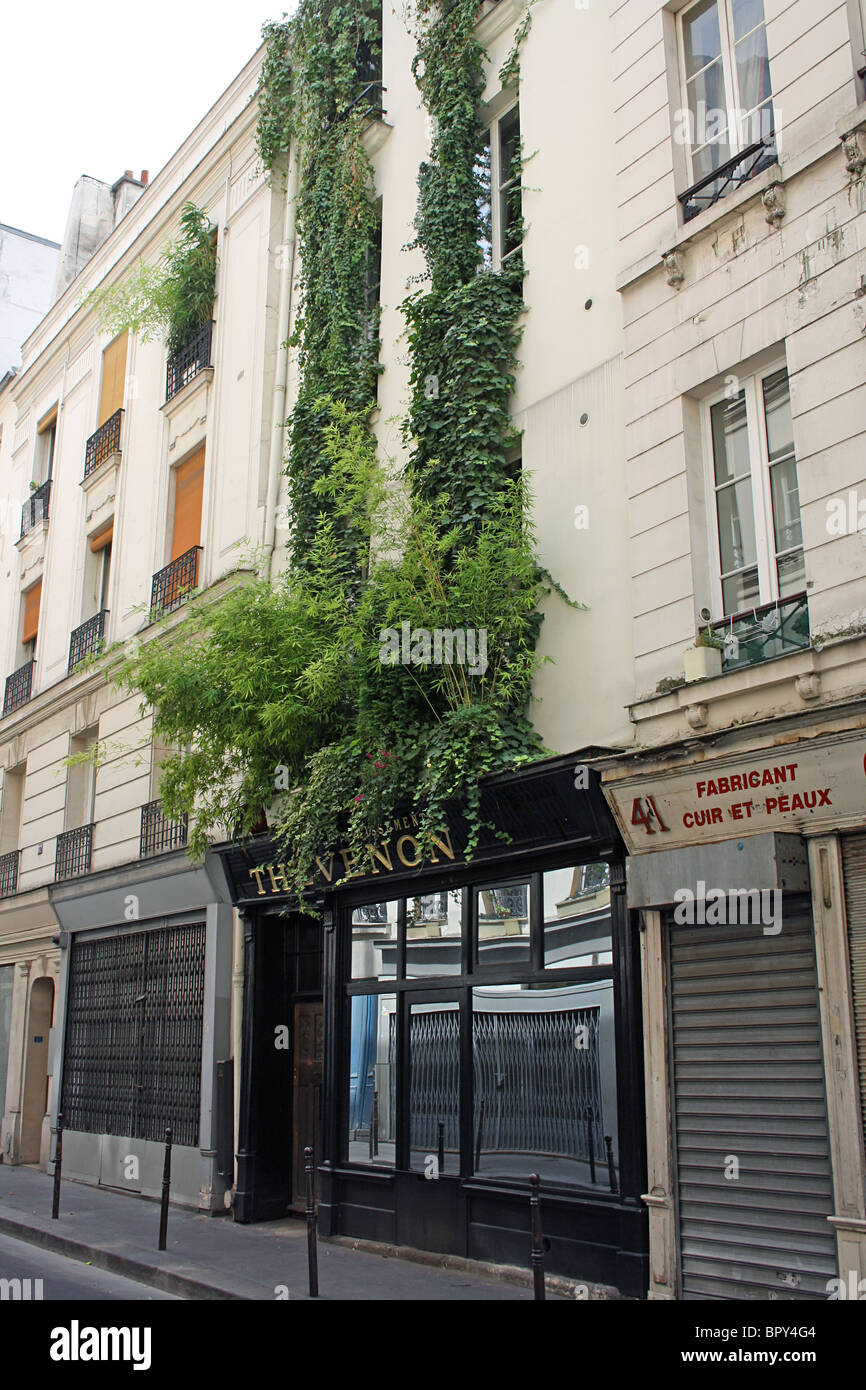 Paris, le bâtiment de la rue de Montmorency, couvert de plantes grimpantes et de suivi. Banque D'Images