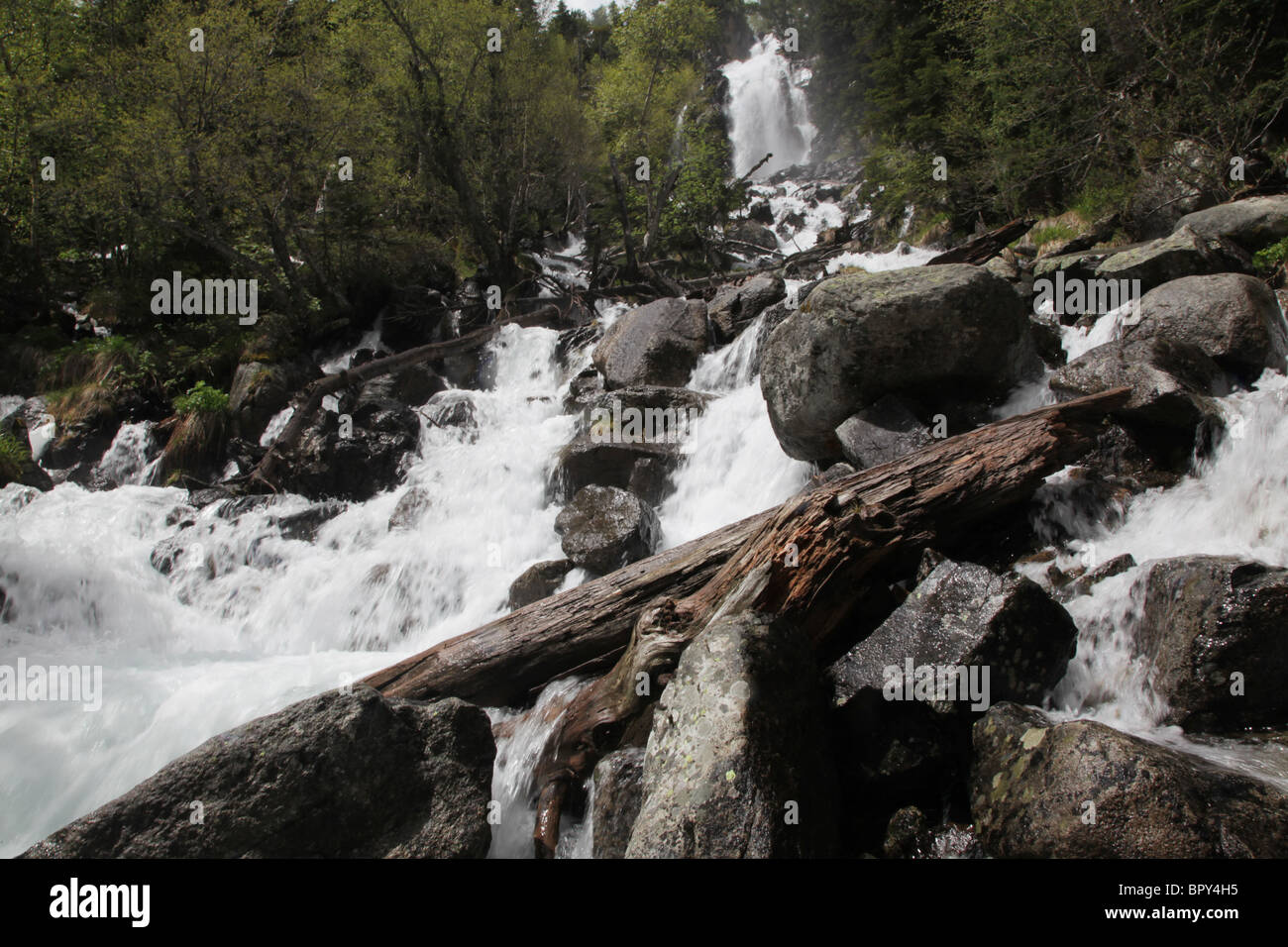 De Ratera de cascades et de forêts alpines sur traverse des Pyrénées piste dans le Parc National de Sant Maurici Pyrénées Espagne Banque D'Images