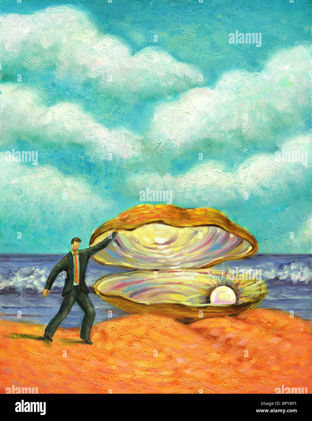 Un homme à la recherche à une perle dans une énorme coquille d'huître Banque D'Images