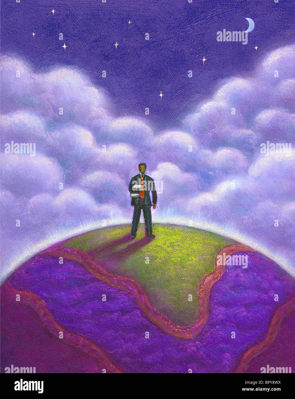 Un homme debout sur la surface de la terre sous un ciel étoilé Banque D'Images