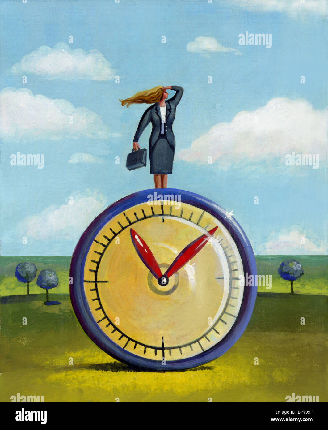 Une businesswoman standing on top d'une horloge Banque D'Images