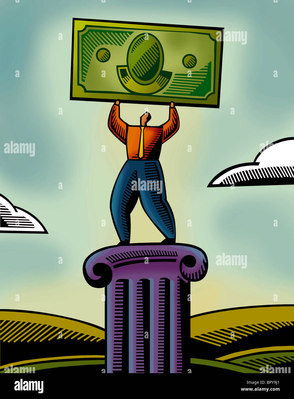 Une illustration d'un homme levant un billet de banque Banque D'Images