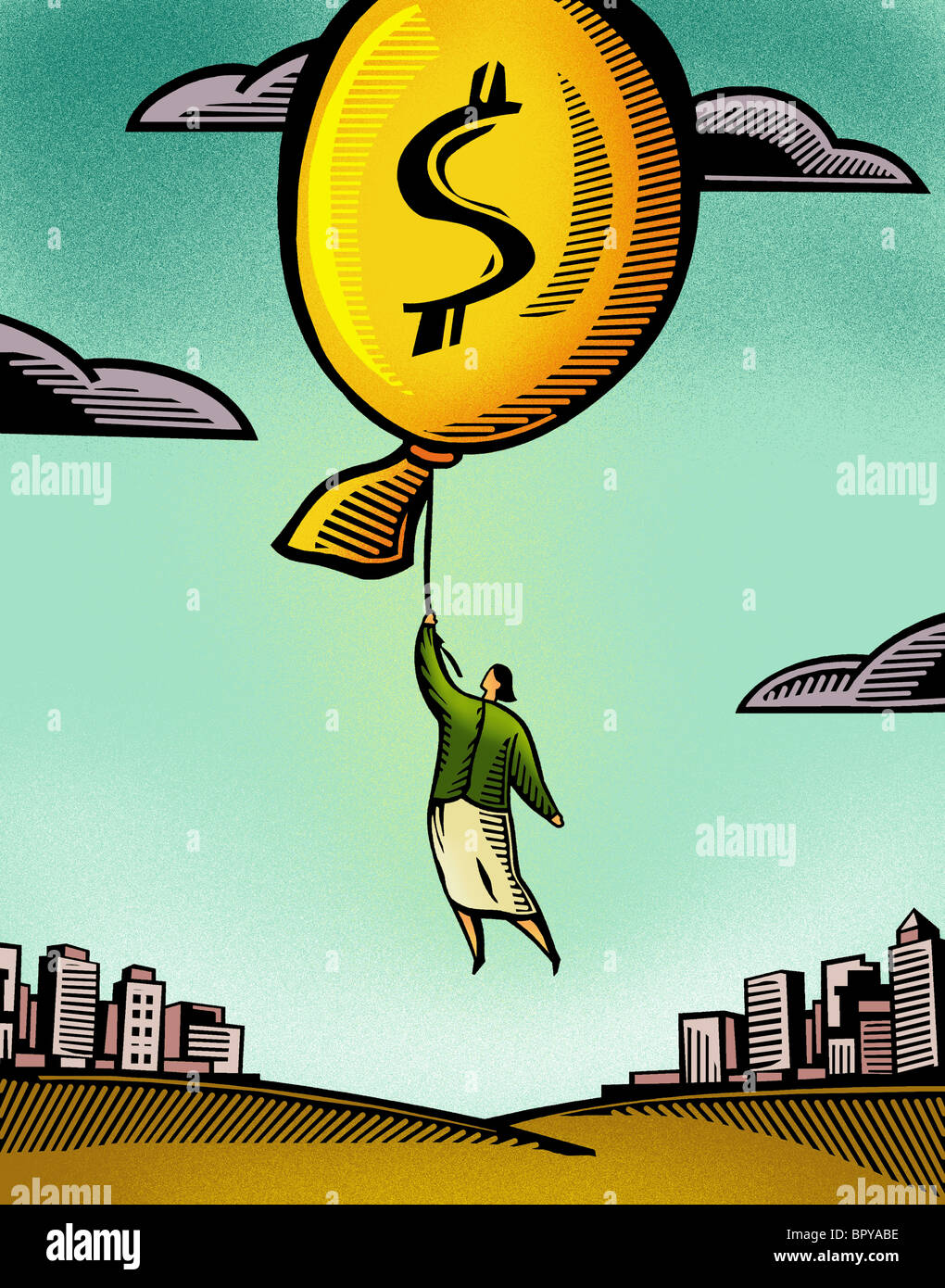 Une femme d'affaires par un ballon flottant avec un signe dollar Banque D'Images