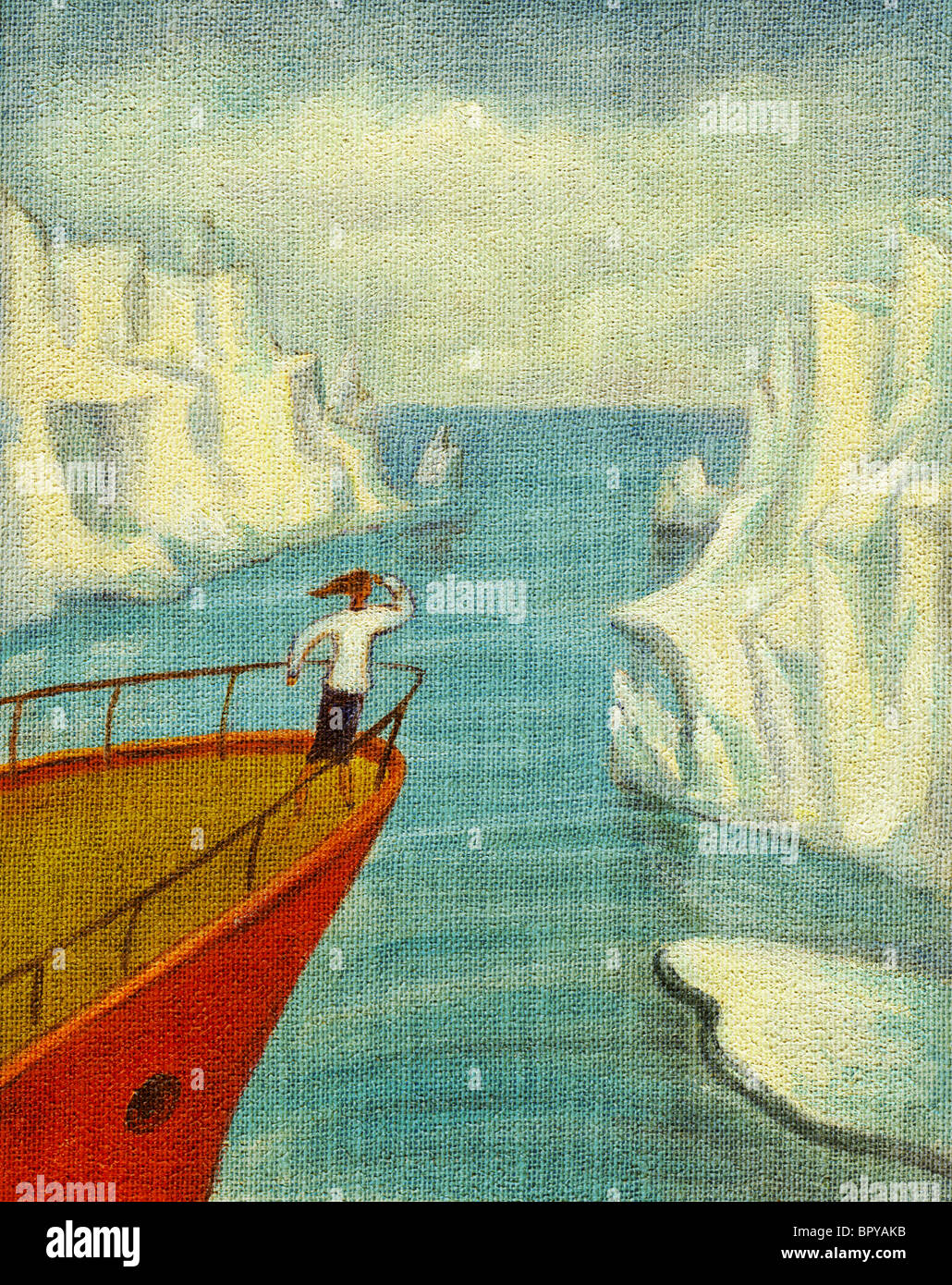 Une femme sur un navire à la recherche à l'icebergs dans l'eau Banque D'Images