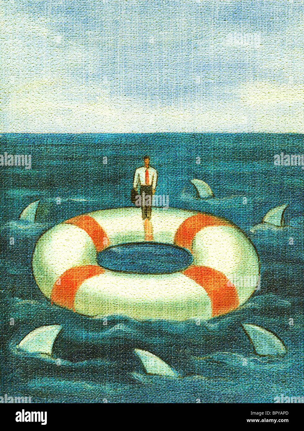 Un homme debout sur un sauveteur qui est entouré par des requins Banque D'Images