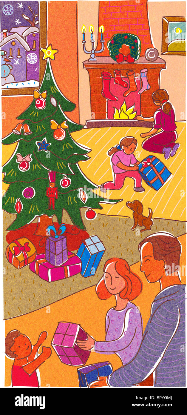 Une famille présente l'ouverture le jour de Noël Banque D'Images