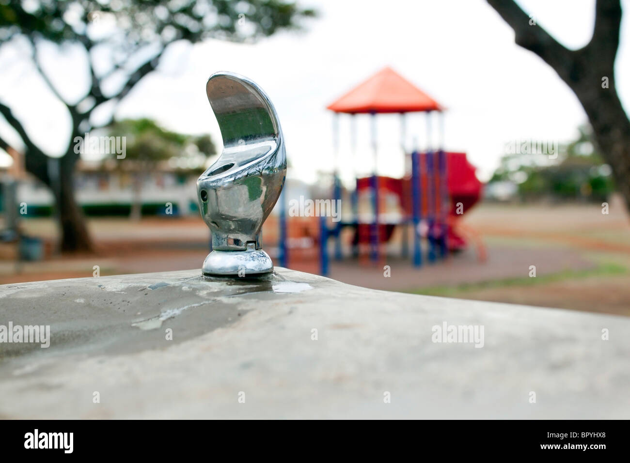 Fontaine à eau avec un parc et arbres en arrière-plan Banque D'Images