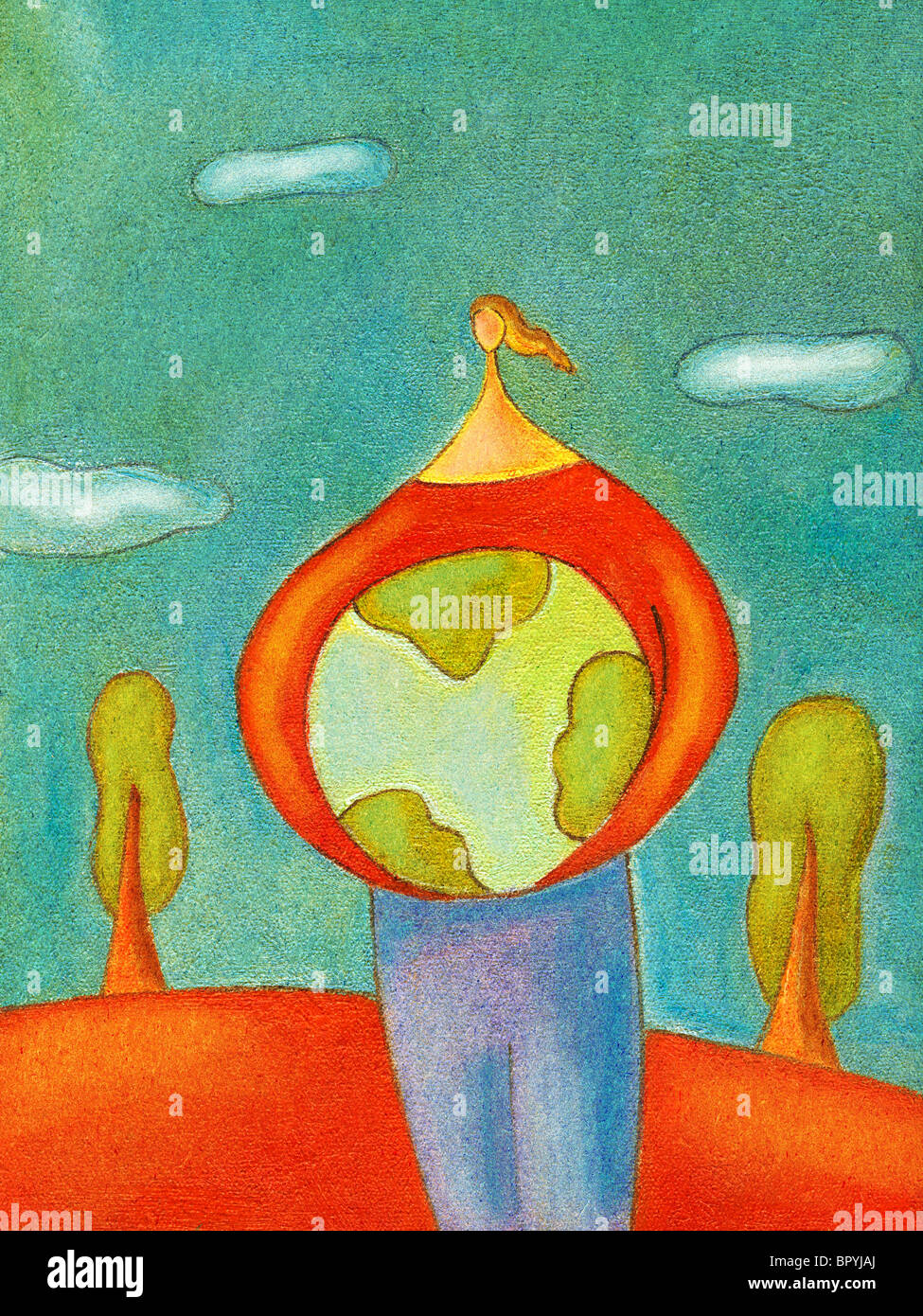 Une peinture d'une femme tenant un globe Banque D'Images