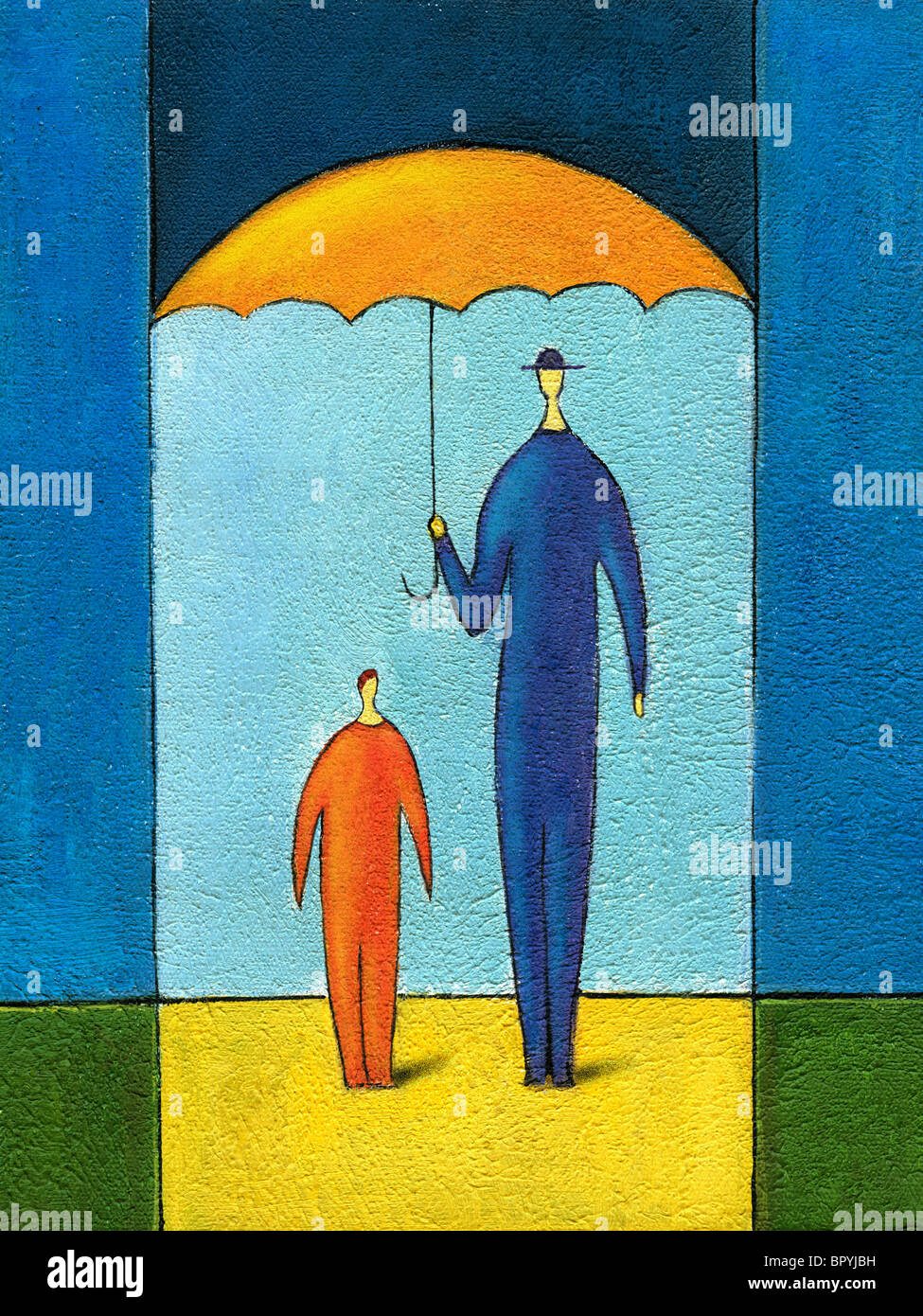 Peinture man holding parasol au-dessus de l'enfant lui Banque D'Images