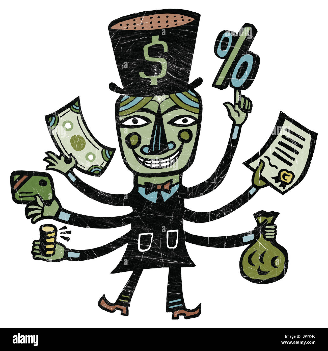 Un homme avec top hat et six bras tenir différents types d'argent Banque D'Images
