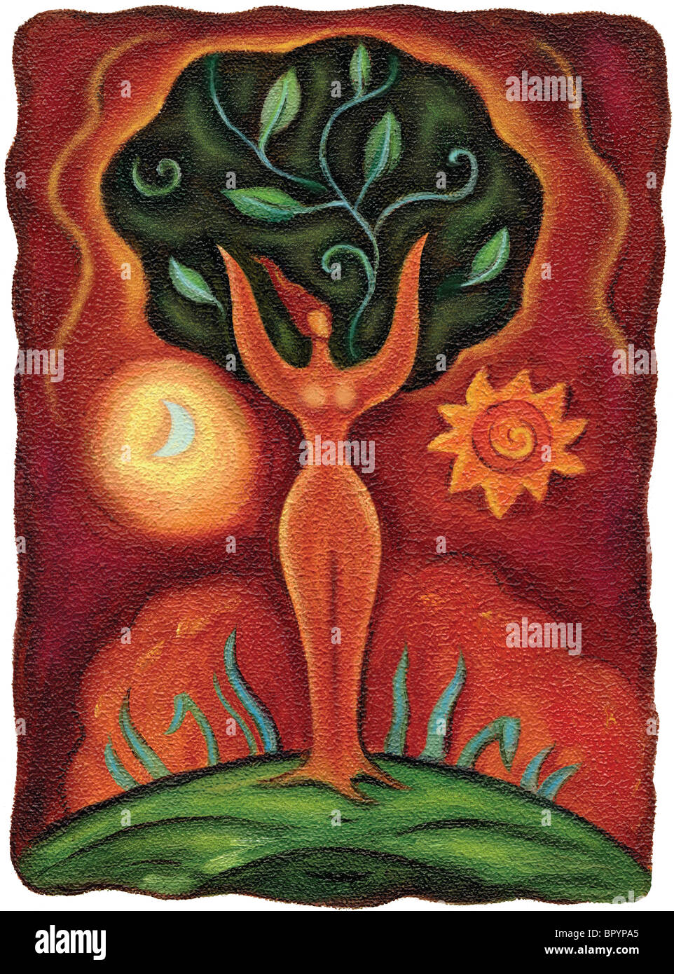 Une femme avec son corps comme un tronc d'arbre et ses bras comme des branches Banque D'Images