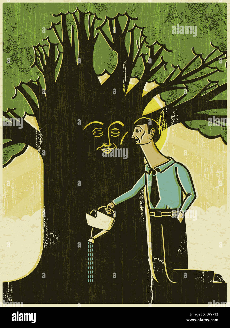 Un homme d'arroser un arbre avec un visage sur le tronc Banque D'Images