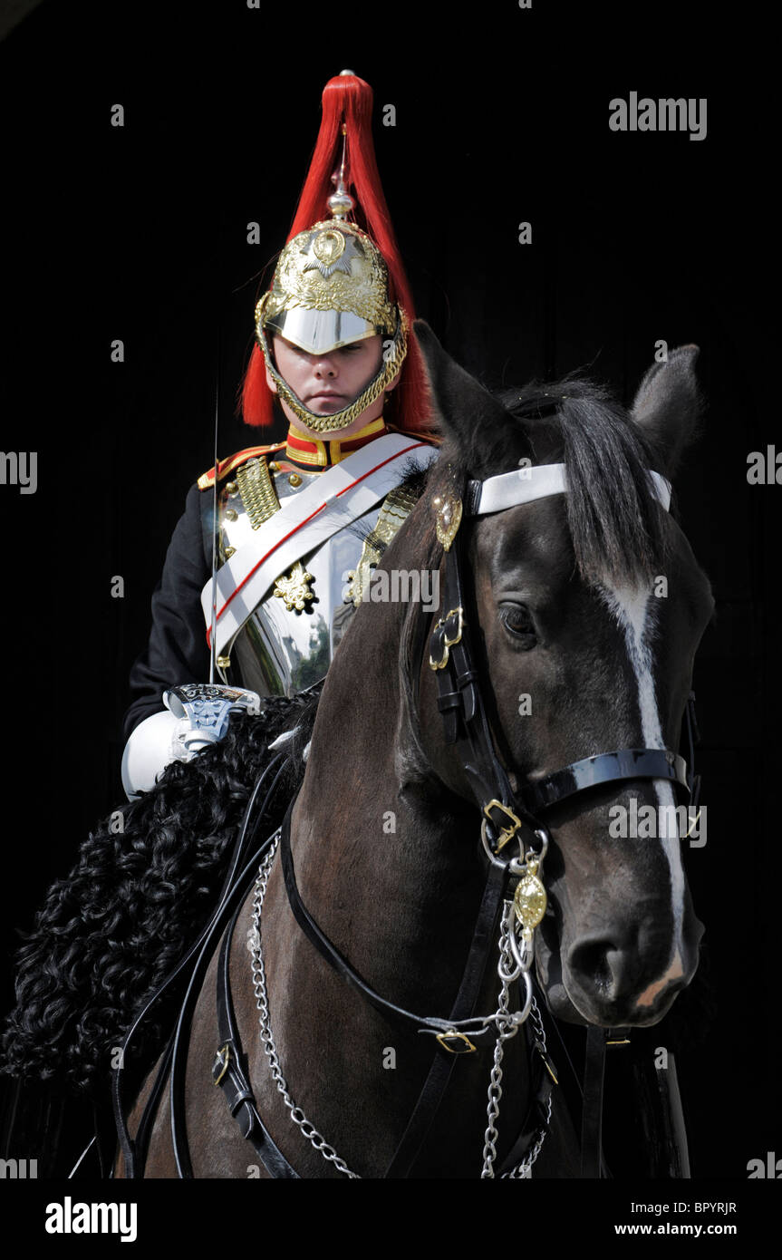 Un cheval monté, garde les gardiens de la vie, du régiment de garde, Whitehall, Londres. Banque D'Images