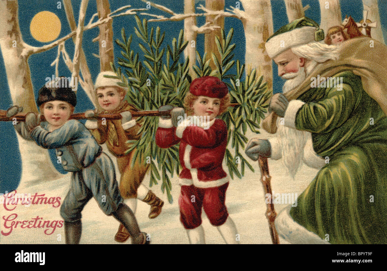 Carte postale de Noël vintage avec des enfants portant un arbre, tandis que le Père Noël regarde sur Banque D'Images