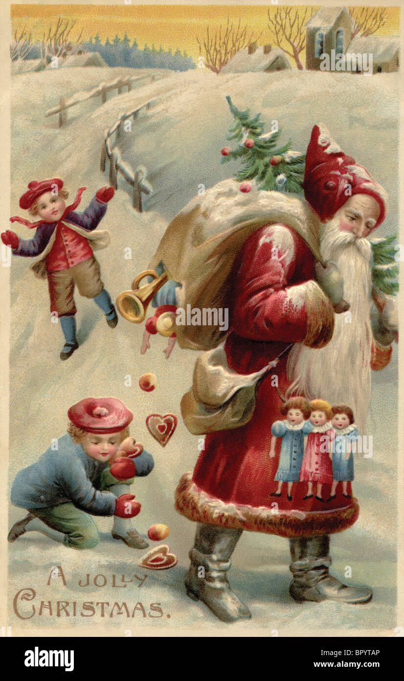 Carte postale de Noël vintage avec les enfants ramasser présente déversé par le Père Noël, de son don sac Banque D'Images