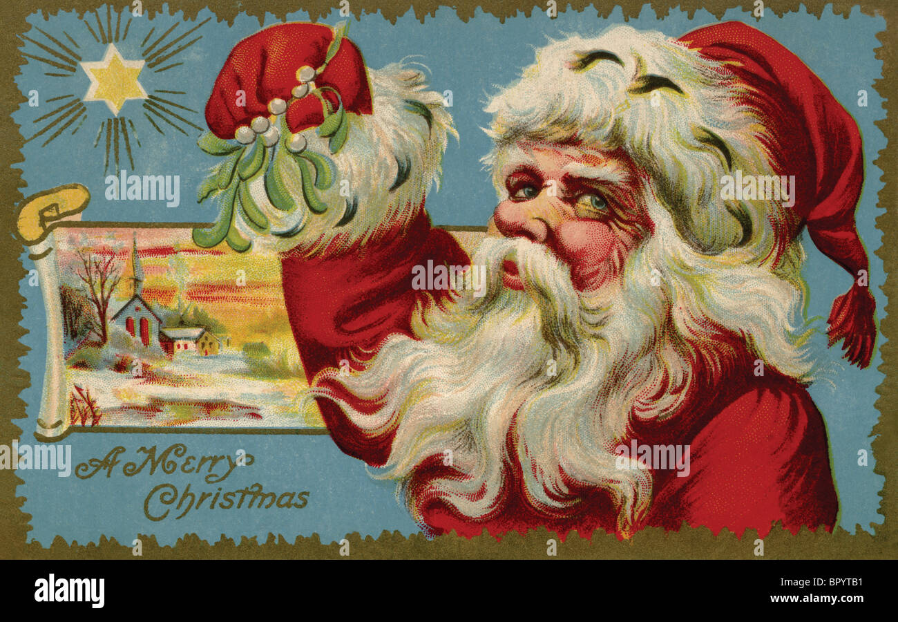 Carte postale de Noël vintage de Santa Claus holding mistletoe Photo Stock  - Alamy