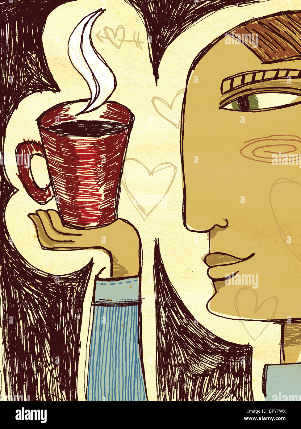 Un homme tenant une tasse de café fumant rouge dans la paume de sa main Banque D'Images