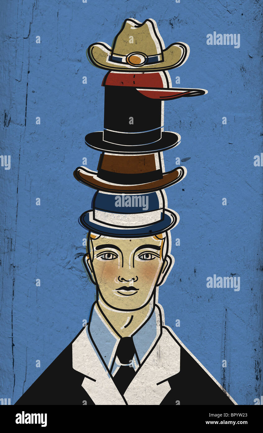 Un homme portant plusieurs chapeaux au sommet d'un de l'autre Photo Stock -  Alamy