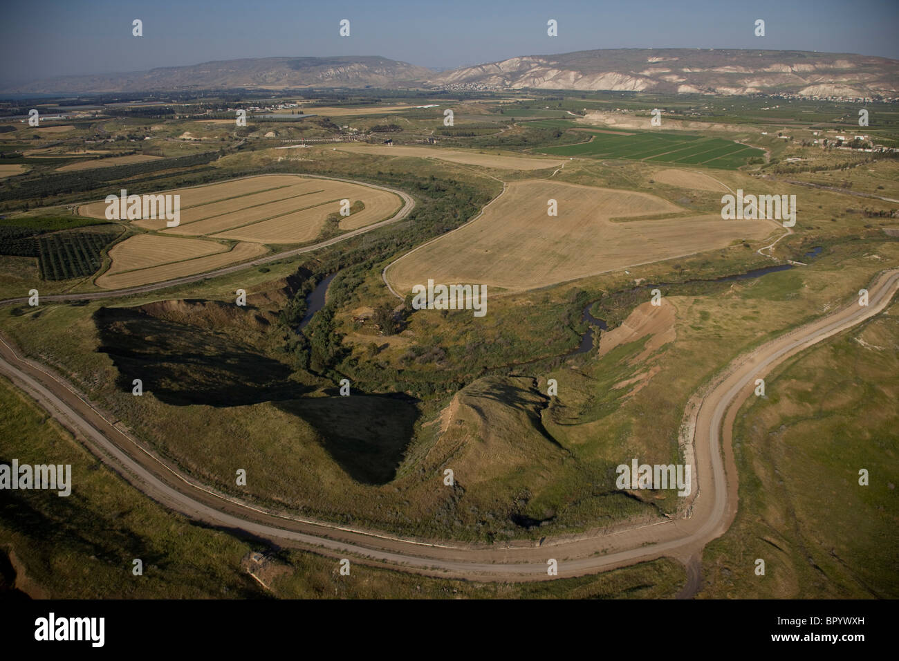 Photographie aérienne du champs de l'agriculture de la vallée du Jourdain, près de la mer de Galilée Banque D'Images